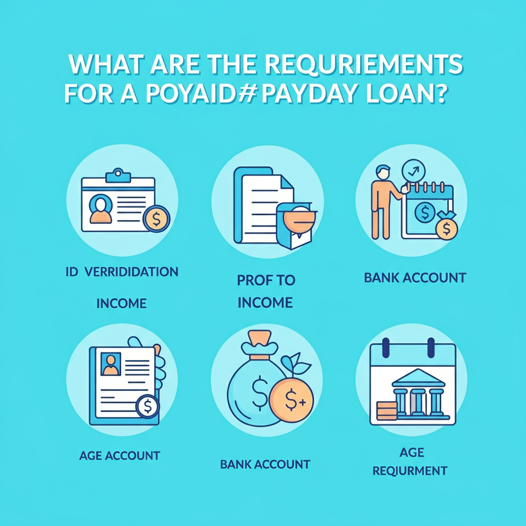 Infographic detailing POYAID# Payday Loan requirements with six clear, minimalist icons on a teal background. Simplifies complex financial information.